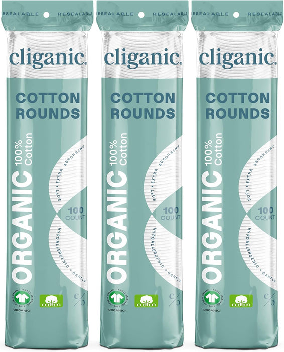 Cliganic Almohadillas Desmaquillantes Redondas de Algodón Orgánico, 300 Unidades, Hipoalergénicas y Sin Pelusas