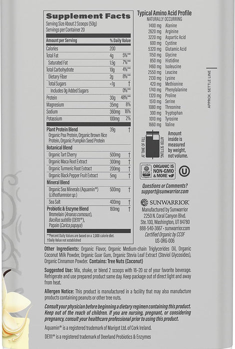 Sunwarrior Sport Proteína Activa Orgánica en Polvo, Vainilla, 35.2 oz (1 kg), Vegana, Sin OMG