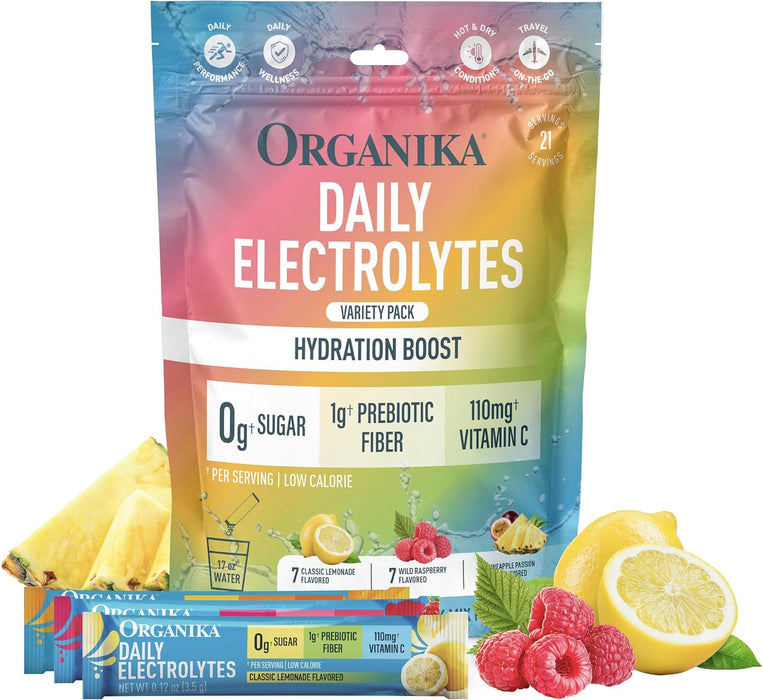 Organika Electrolitos en Sobres, 21 porciones, Sabores Frambuesa, Limonada y Piña