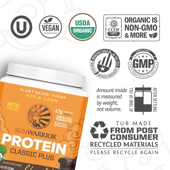 Sunwarrior Classic Plus Proteína Orgánica en Polvo, Chocolate, 750 g, Vegana, Sin OMG
