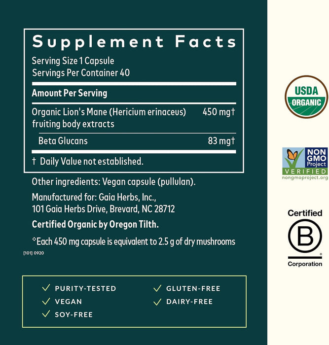 Gaia Herbs Suplemento Seta de Melena de León, 40 Cápsulas Veganas, Apoyo Neurológico y Cognitivo