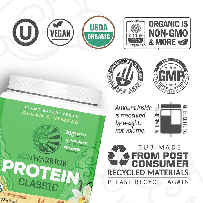 Sunwarrior Classic Proteína Orgánica en Polvo, Vainilla, 375 g, Vegana, Sin OMG