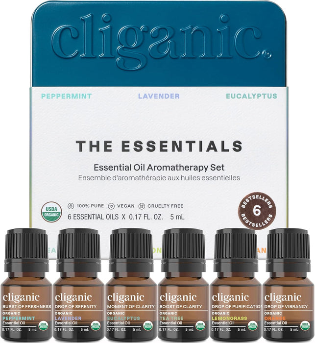 Cliganic Set de Aceites Esenciales Orgánicos, 6 Frascos (Menta, Lavanda, Eucalipto, Árbol de Té, Lemongrass y Naranja)