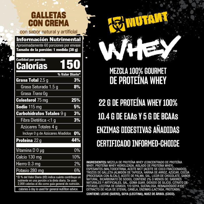 Mutant WHEY Mezcla de Proteína de Suero 4‑Whey, Cookies & Cream, 5 lb (2.27 kg), Con Enzimas Añadidas, Non‑GMO, Certificado GMP