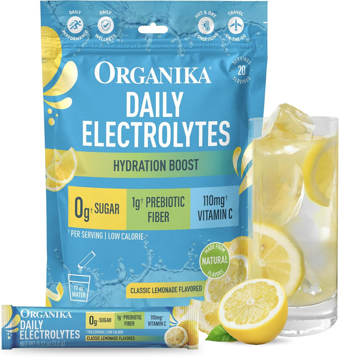 Organika Daily Electrolites Polvo de Electrolitos Classic Lemonade, 20 porciones, Sin Azúcar