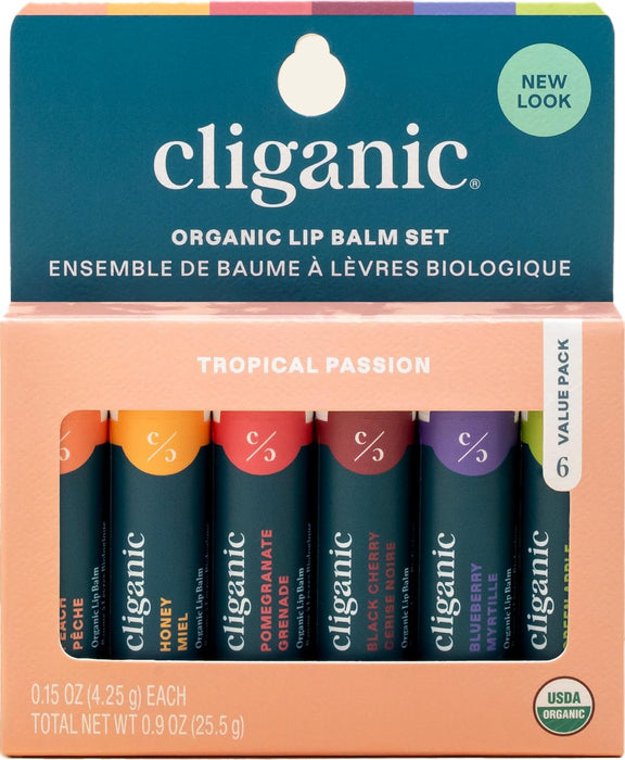 Cliganic Set de Bálsamo Labial Orgánico, 6 Piezas, Sabor Tropical, Hidratante Natural