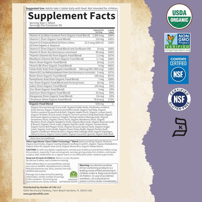 Garden of Life Organics Suplemento Multivitaminas Prenatal Once Daily, 90 Tabletas