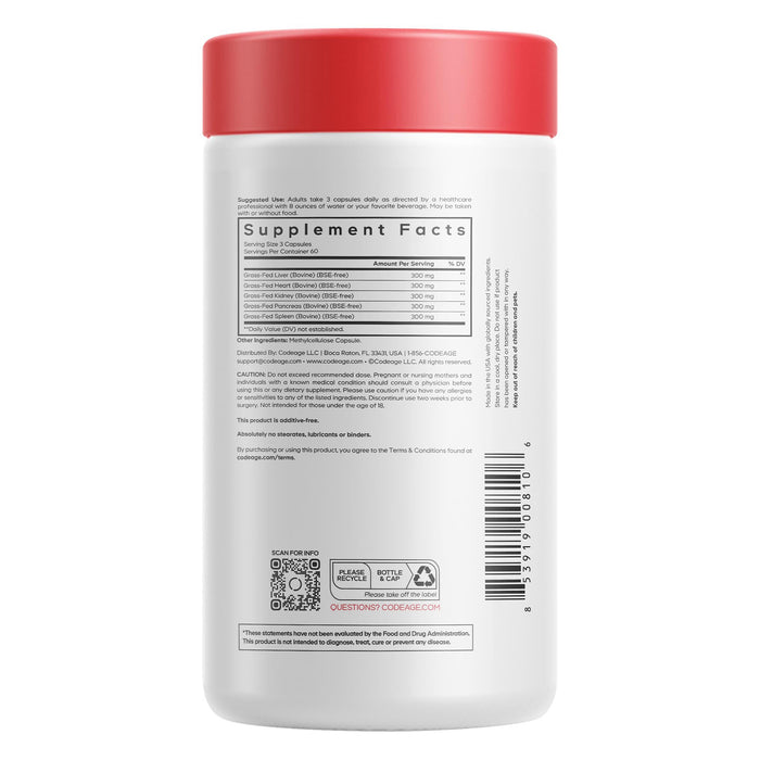 Codeage Suplemento de Órganos Bovinos Alimentados con Pasto, 180 Cápsulas