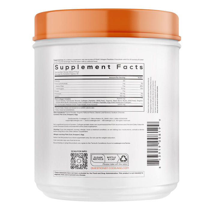 Codeage Multi Colágeno Proteína en Polvo, Sabor Chocolate, Tipos I, II, III, V, X, Grass‑Fed, 18 oz