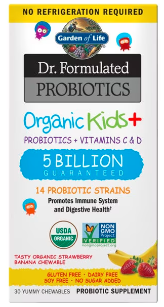 Garden of Life Probióticos para niños 5 billones, 30 tabletas masticables sabor fresa plátano