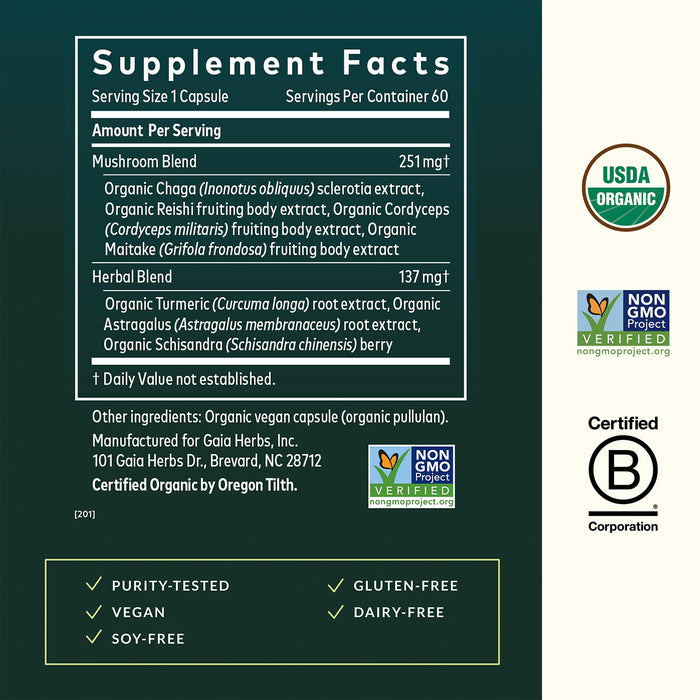 Gaia Herbs Suplemento Mushrooms + Herbs Everyday Immune, 60 Cápsulas Veganas, Reishi, Cordyceps, Cúrcuma y Astrágalo