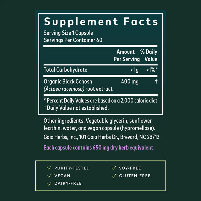Gaia Herbs Suplemento Black Cohosh, 60 Cápsulas Veganas, Apoyo a la Menopausia y Función Reproductiva Femenina