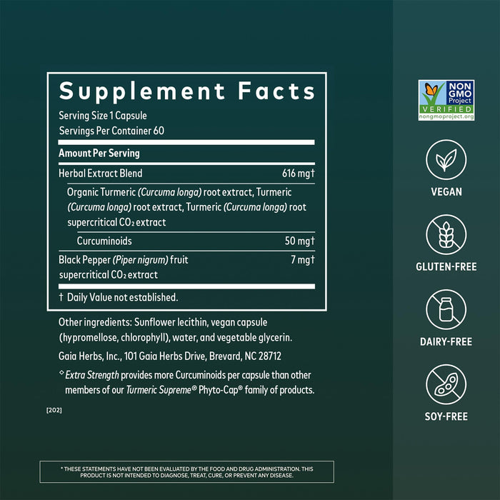 Gaia Herbs Suplemento Turmeric Supreme, 60 Cápsulas Veganas, Apoyo Antiinflamatorio y Bienestar General