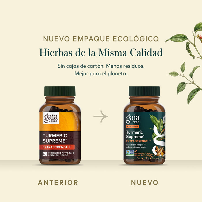 Gaia Herbs Suplemento Turmeric Supreme, 60 Cápsulas Veganas, Apoyo Antiinflamatorio y Bienestar General