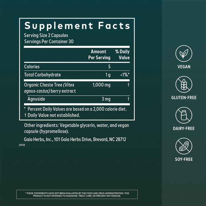 Gaia Herbs Suplemento Vitex Berry, 60 Cápsulas Veganas, Balance Hormonal Femenino