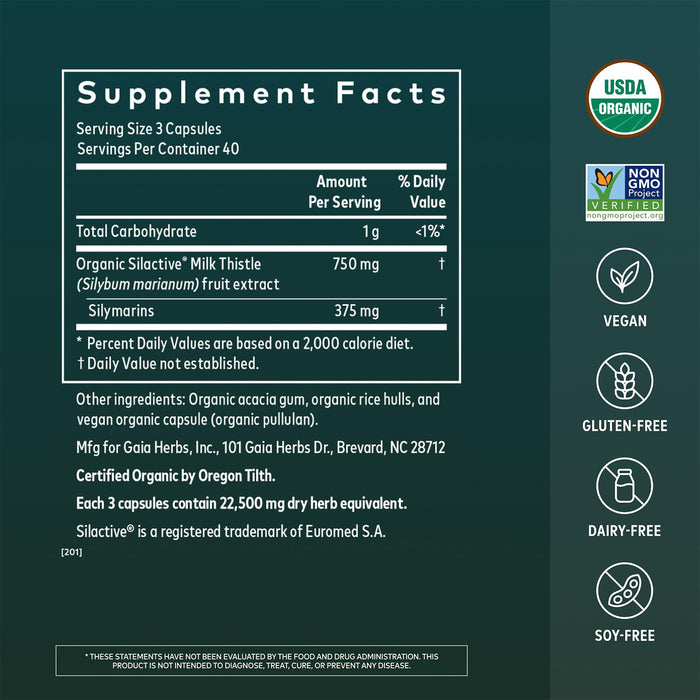 Gaia Herbs Suplemento Cardo Mariano, 120 Cápsulas Veganas, Apoyo Hepático y Limpieza Natural