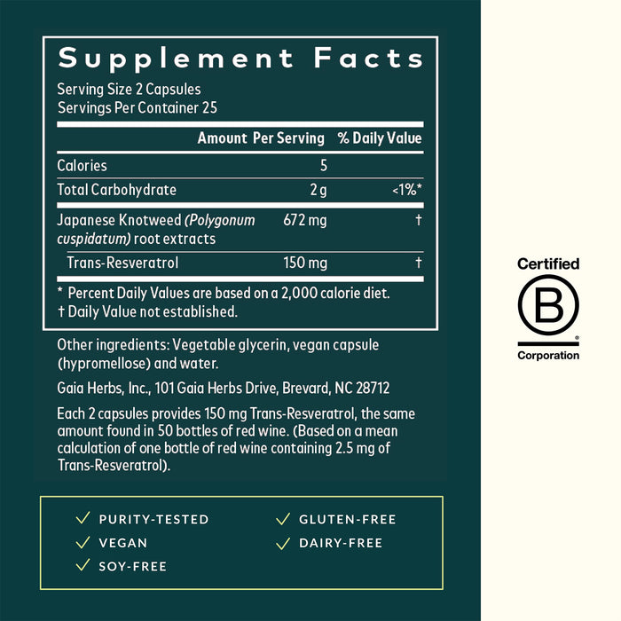 Gaia Herbs Suplemento Resveratrol 150, 50 Cápsulas Veganas, Antioxidante para Salud Celular y Envejecimiento Saludable