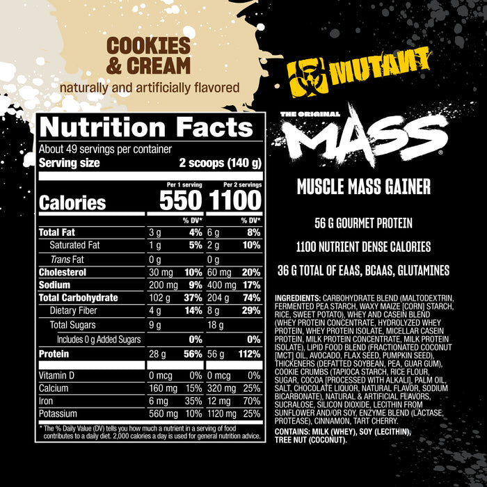 Mutant MASS Gainer Proteína en Polvo, Cookies, 15 lb (6.8 kg), Suplemento Alimenticio, Non‑GMO, Certificado GMP