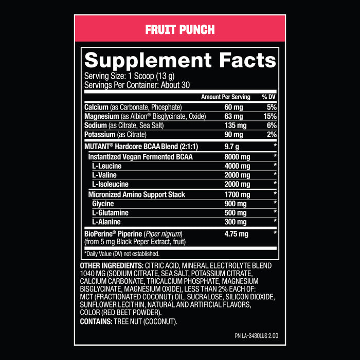 Mutant BCAA Aminoácidos de Cadena Ramificada, Ponche de Frutas, 30 Porciones, Non‑GMO, Certificado GMP