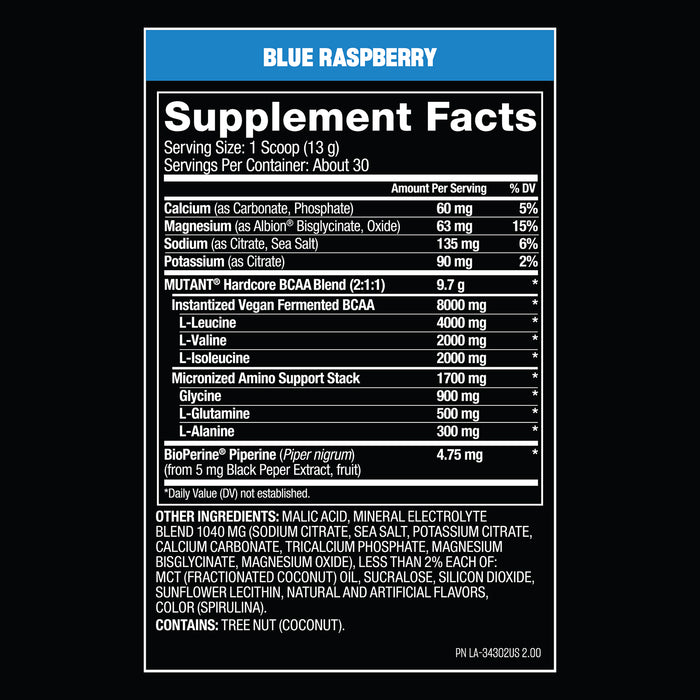 Mutant BCAA Aminoácidos de Cadena Ramificada, Frambuesa Azul, 30 Porciones, Non‑GMO, Certificado GMP