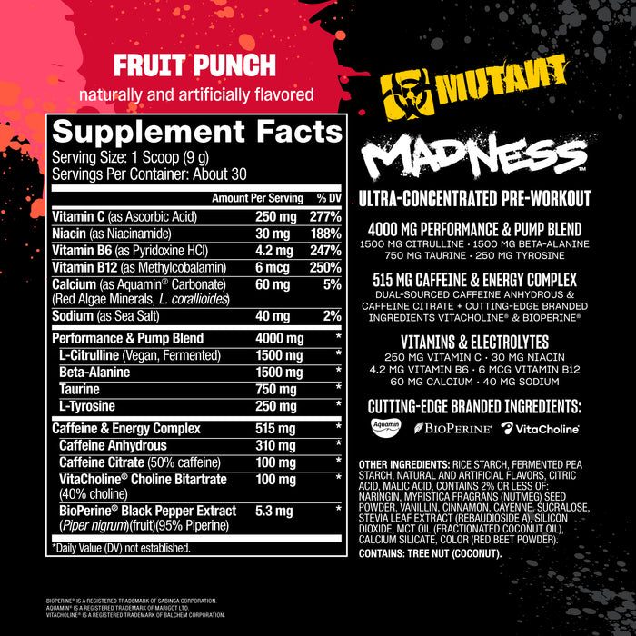 Mutant MADNESS Pre‑Entrenamiento en Polvo, Ponche de Frutas, Suplemento Alimenticio para Adultos Activos, Non‑GMO, Certificado GMP