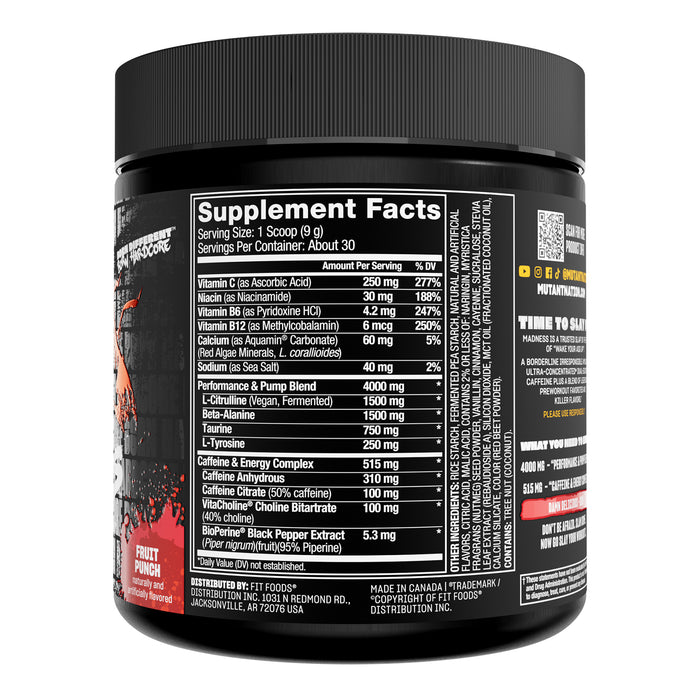 Mutant MADNESS Pre‑Entrenamiento en Polvo, Ponche de Frutas, Suplemento Alimenticio para Adultos Activos, Non‑GMO, Certificado GMP