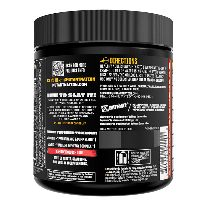 Mutant MADNESS Pre‑Entrenamiento en Polvo, Ponche de Frutas, Suplemento Alimenticio para Adultos Activos, Non‑GMO, Certificado GMP