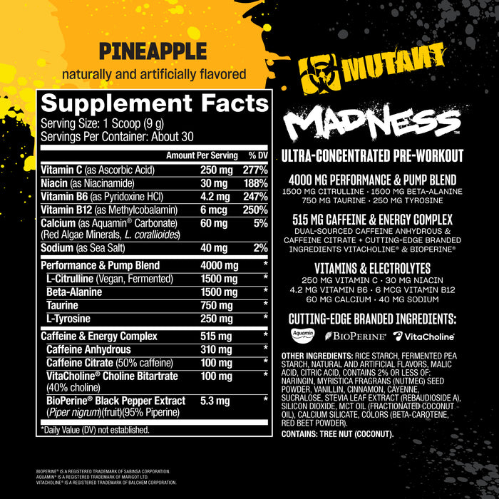 Mutant MADNESS Pre‑Entrenamiento en Polvo, Piña, 225 g, Sin Azúcar Añadida, Non‑GMO, Certificado GMP