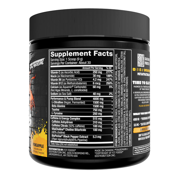 Mutant MADNESS Pre‑Entrenamiento en Polvo, Piña, 225 g, Sin Azúcar Añadida, Non‑GMO, Certificado GMP