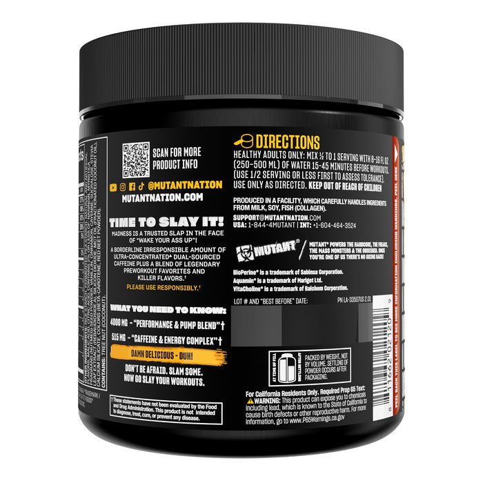Mutant MADNESS Pre‑Entrenamiento en Polvo, Piña, 225 g, Sin Azúcar Añadida, Non‑GMO, Certificado GMP
