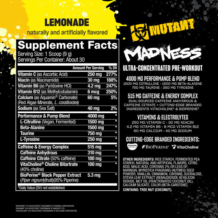 Mutant MADNESS Pre‑Entrenamiento en Polvo, Roadside Lemonade, 225 g, Non‑GMO, Certificado GMP