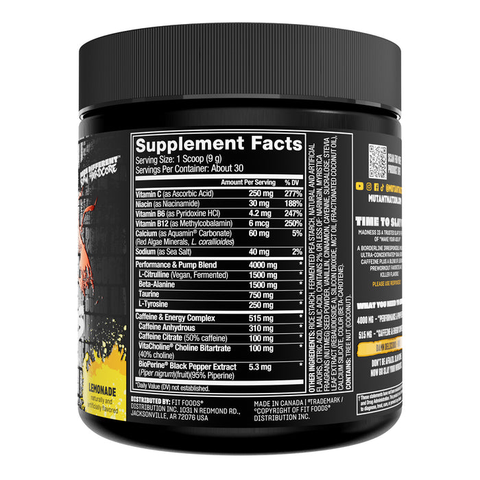 Mutant MADNESS Pre‑Entrenamiento en Polvo, Roadside Lemonade, 225 g, Non‑GMO, Certificado GMP