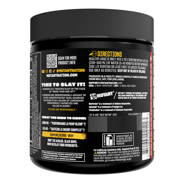 Mutant MADNESS Pre‑Entrenamiento en Polvo, Roadside Lemonade, 225 g, Non‑GMO, Certificado GMP
