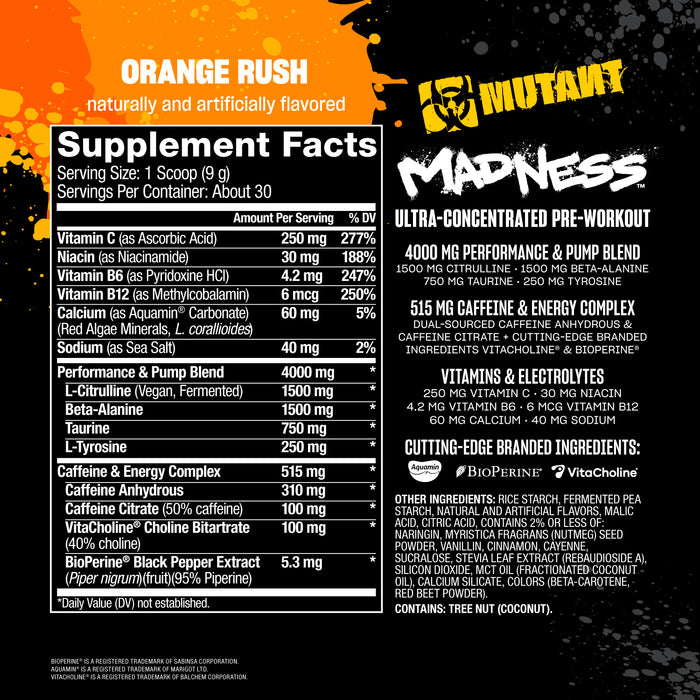Mutant MADNESS Pre‑Entrenamiento en Polvo, con L‑Citrulina y Beta‑Alanina, 270 g sabor naranja