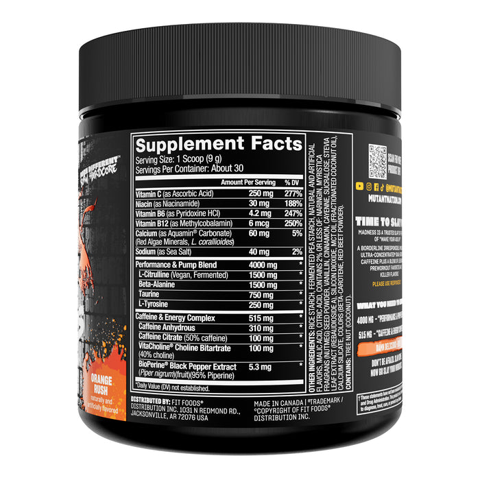 Mutant MADNESS Pre‑Entrenamiento en Polvo, con L‑Citrulina y Beta‑Alanina, 270 g sabor naranja