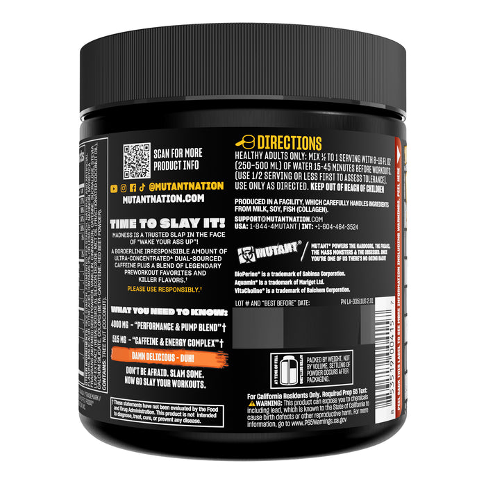 Mutant MADNESS Pre‑Entrenamiento en Polvo, con L‑Citrulina y Beta‑Alanina, 270 g sabor naranja