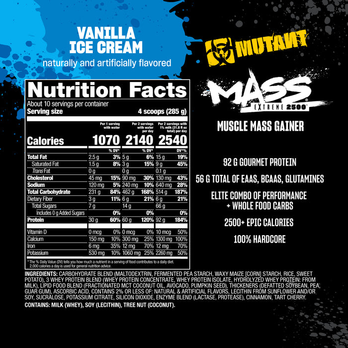 Mutant Mass Extreme 2500, Vanilla Ice Cream, 6 lb (2.72 kg), 46 g de Proteína por Porción, Non‑GMO, Certificado GMP