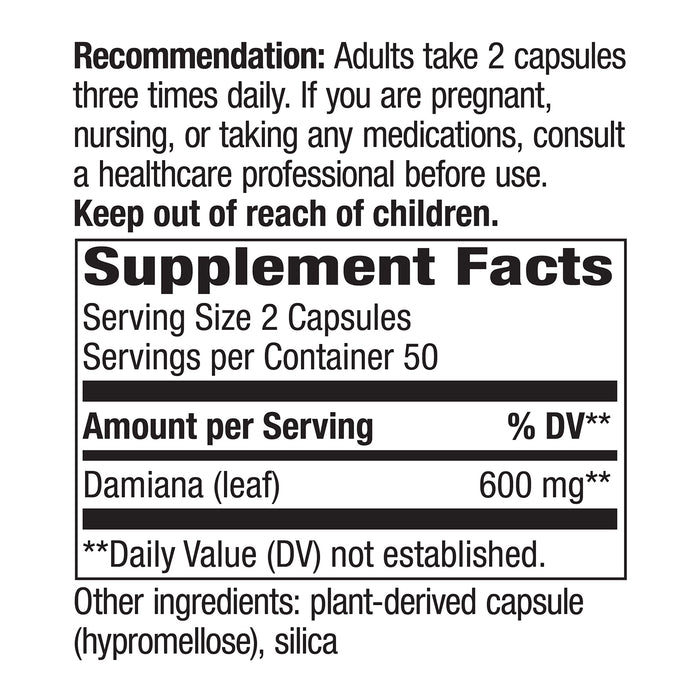 Nature's Way Suplemento Hojas de Damiana 600 mg, 100 cápsulas