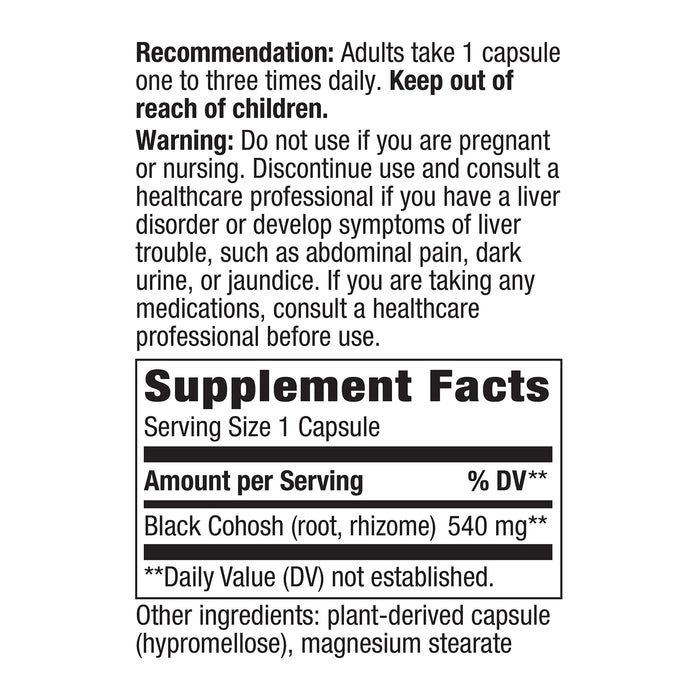 Nature's Way Suplemento Raíz de Cohosh Negro 540mg, 180 cápsulas