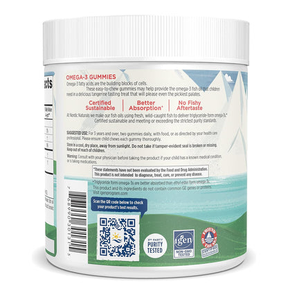 Nordic Naturals Suplemento de Omega 3 para niños, 82 mg de Omega, 120 gomitas sabor mandarina