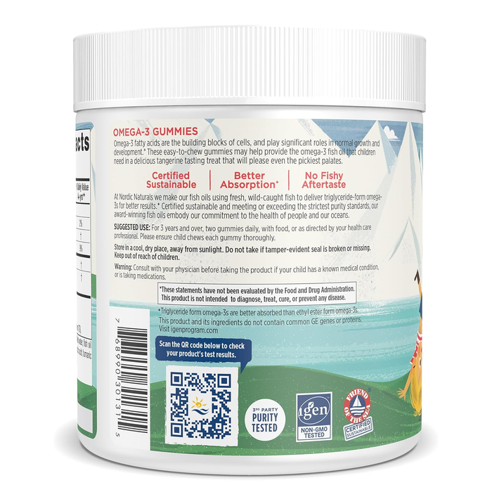 Nordic Naturals Suplemento de Omega 3 para niños, 82 mg de Omega, 120 gomitas sabor mandarina