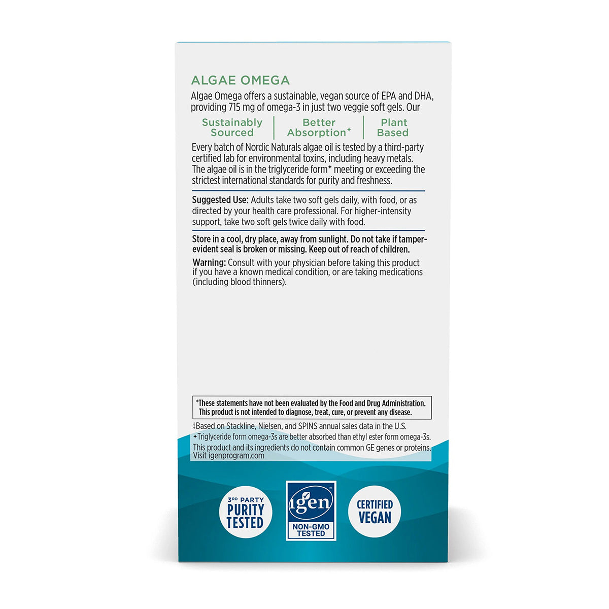 Nordic Naturals Algae Omega, Suplemento vegano, 715 mg de Omega, 60 cápsulas para 1 mes