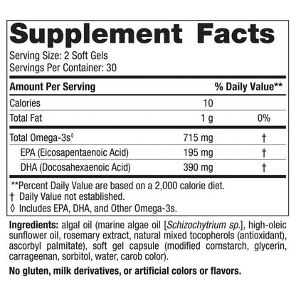 Nordic Naturals Algae Omega, Suplemento vegano, 715 mg de Omega, 60 cápsulas para 1 mes