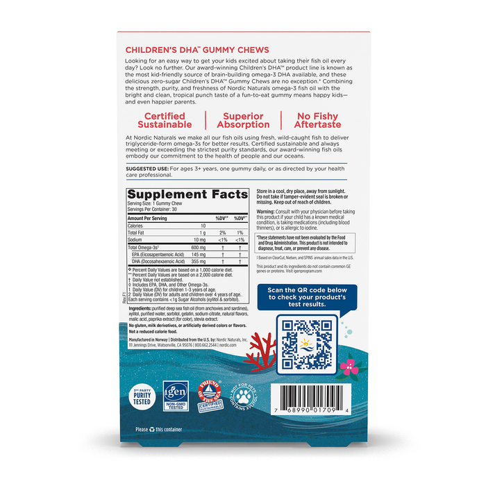 Nordic Naturals Children's DHA con 0 azúcar, 600 mg de Omega, 30 gomitas masticables sabor ponche tropical