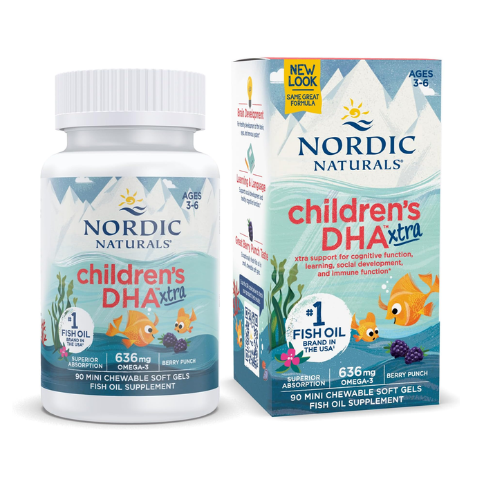 Nordic Naturals Suplemento de DHA Xtra para niños, 636 mg de Omega, 90 mini cápsulas masticables sabor ponche de bayas
