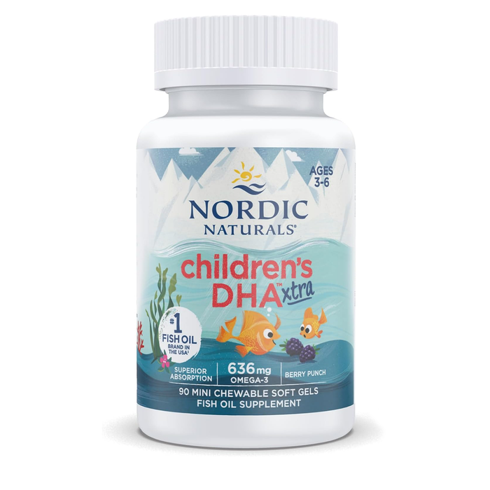 Nordic Naturals Suplemento de DHA Xtra para niños, 636 mg de Omega, 90 mini cápsulas masticables sabor ponche de bayas
