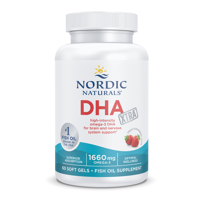 Nordic Naturals Suplemento DHA Xtra, 1660 mg de Omega 3, 60 cápsulas sabor fresa