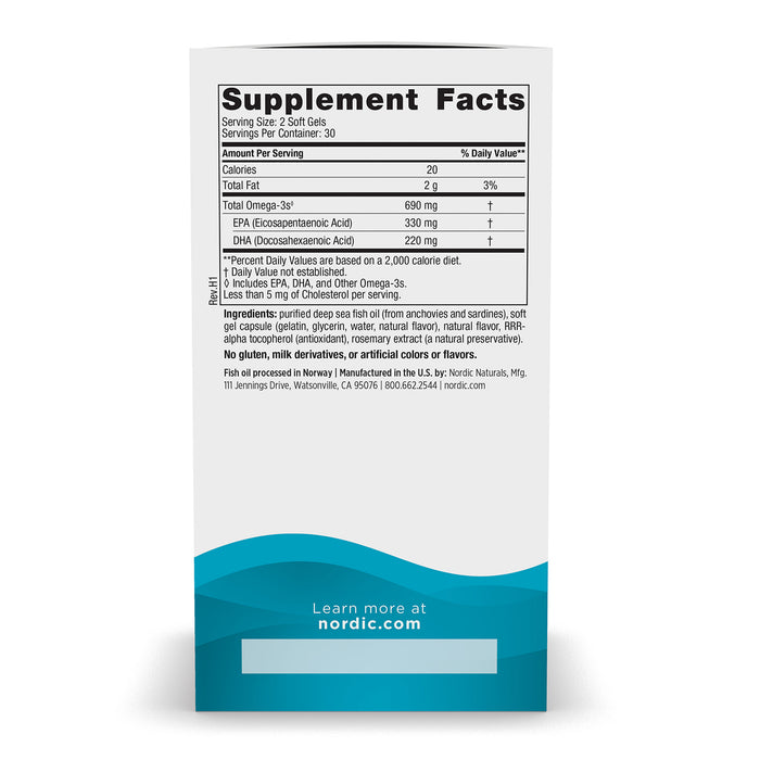 Nordic Naturals Suplemento de Omega 3, 690 mg de Omega, 60 cápsulas sabor limón