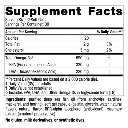 Nordic Naturals Suplemento de Omega 3, 690 mg de Omega, 60 cápsulas sabor limón para 1 mes