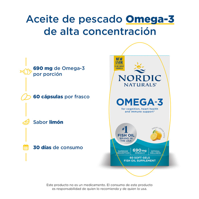 Nordic Naturals Suplemento de Omega 3, 690 mg de Omega, 60 cápsulas sabor limón